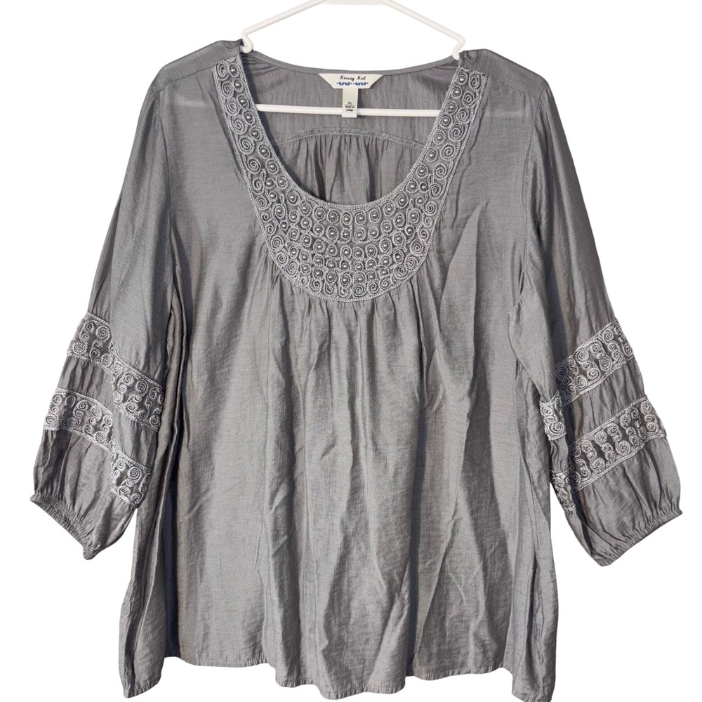 Vintage Krazy Kat Womens XL Gray Beaded Embroidered Boho 3/4 Sleeve Peasant